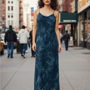 Vintage Anne Klein XL Blue Spaghetti Strap Cowl Neck Evening Dress